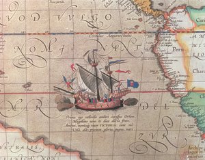 A Sailing Ship Firing Its Cannon, Detail from a Map of the Pacific, China and America, 1599